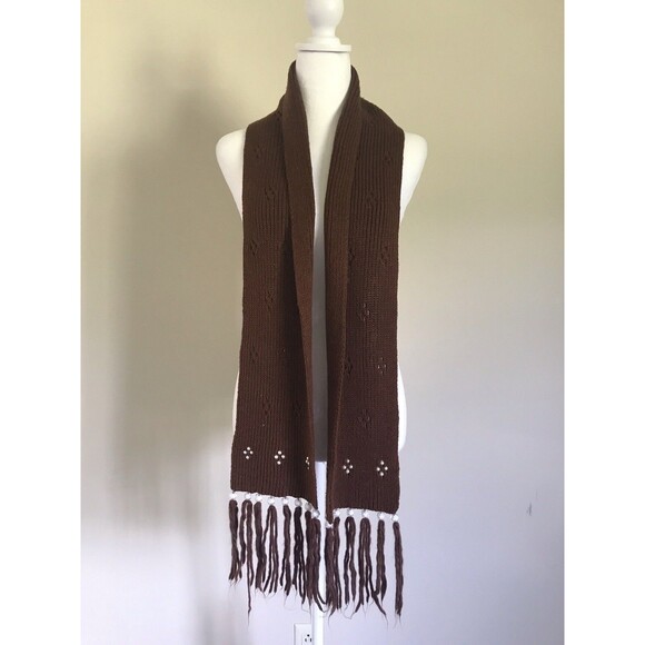 Women’s Brown Knit Scarf Beaded Fringe 72" x 6" - Picture 1 of 4